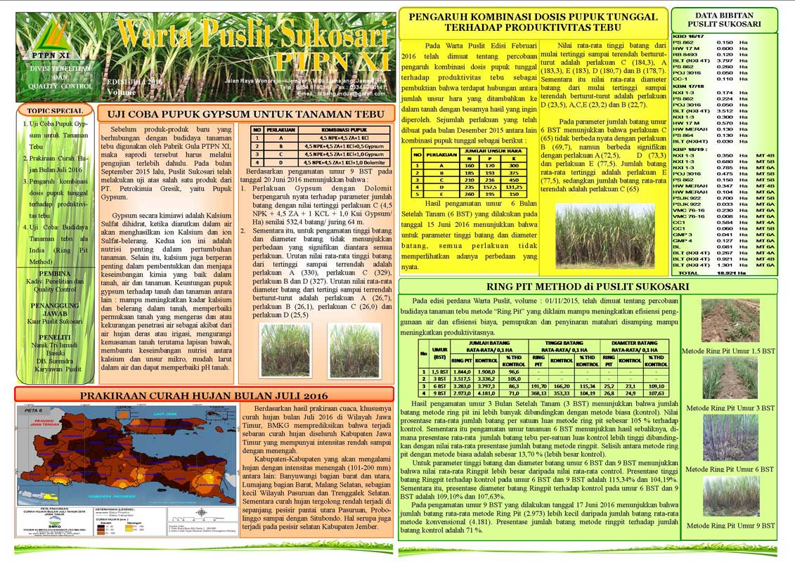 Read more about the article Warta Puslit Sukosari PTPN XI Edisi Juli 2016
