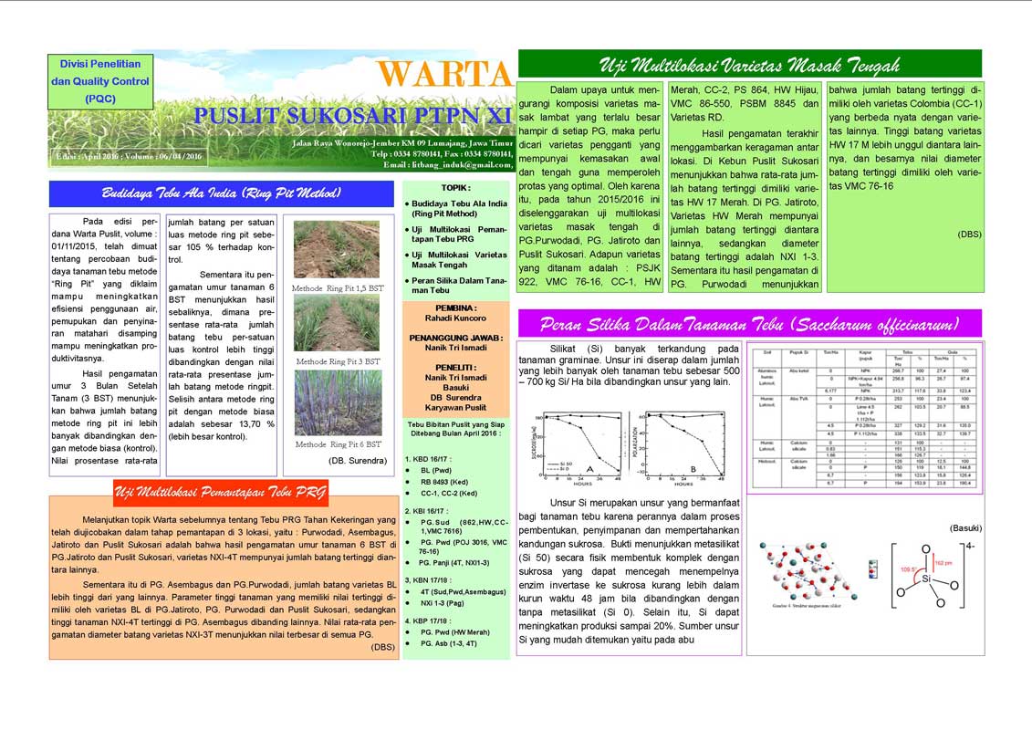 Read more about the article Warta Puslit Sukosari PTPN XI Edisi April 2016