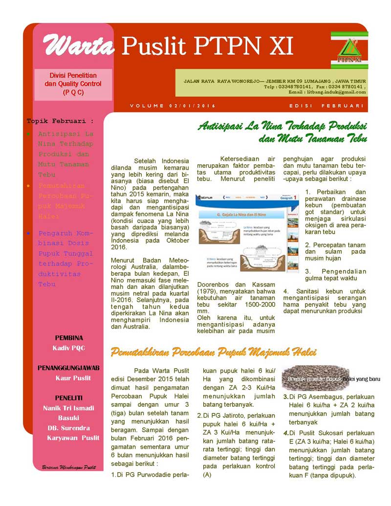 Read more about the article Warta Puslit Sukosari PTPN XI Edisi Februari 2016