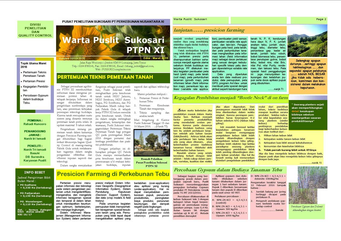 Read more about the article Warta Puslit Sukosari PTPN XI Edisi Maret 2016