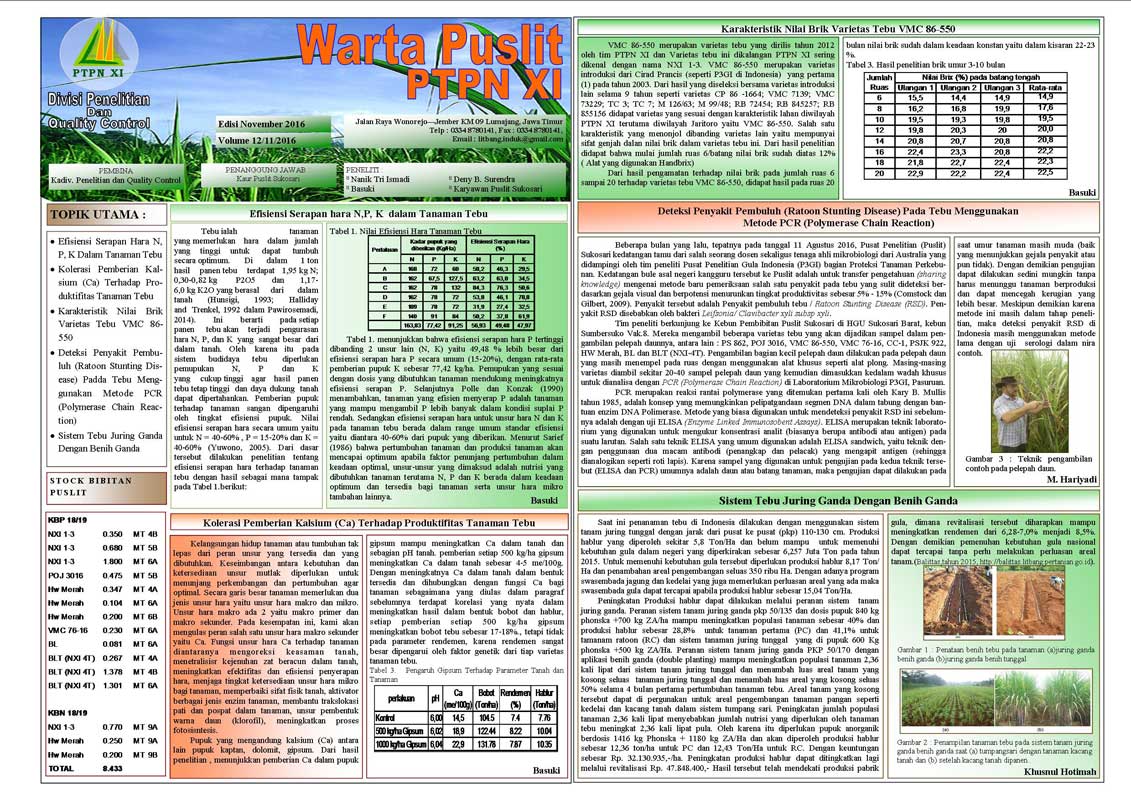 Read more about the article Warta Puslit Sukosari PTPN XI Edisi November 2016